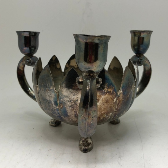 Vintage Leonard Silverplate Lotus Triple Candle Holder - Picture 7 of 8